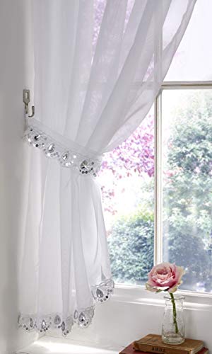 Ideal Textiles Jewelled Crystal Sparkle Voile Curtain, Slot Top Panel, Rod Pocket Sheer Bling Curtains, Sequin Gem Sparkle Trim, White, 59" x 90"
