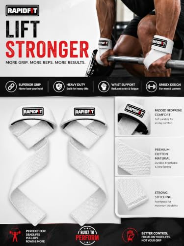 Image of Heavy Cotton Weight Lifting Straps 24 inch - Professional Non-Slip Lasso Wrist Support Straps with Padded 3.5mm Cuff | Gym Workout Straps for Deadlift, Powerlifting, CrossFit & Strength Training | Anti-Skid Grip Fitness Lifting Accessories (White)