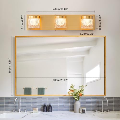 Image of WILON 3-Light LED Vanity Wall Sconce, Gold Bathroom Lighting Fixture | 3 Color Dimmable, Modern Farmhouse, Striped Glass Shade, for Bedroom Living Room Hallway Mirror Vanity, Bulbs Not Included