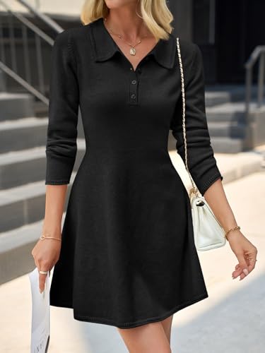 Saodimallsu Womens Sweater Dress 2025 Fall Polo Collared Long Sleeve Button V Neck A line Preppy Knit Dresses3