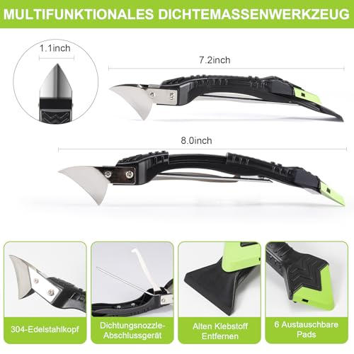 Silikonentferner Silikon Abzieher Silikonentferner Werkzeug Set 5 in 1 Stainless Steel Fugenmesser 6 Auswechselbar Silikonpads Dichtungsdüse ​für Küche Bad Boden Spüle Fenster Abdichtung