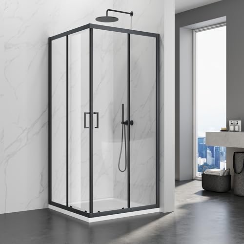 SIRHONA Cabine de Douche 90x90x195 cm Coulissante à Double Ouverture, Noir, Porte de Douche en Verre à Deux Panneaux Fixes avec Verre Transparent de 5 mm, Réglable d'un seul côté 20 mm