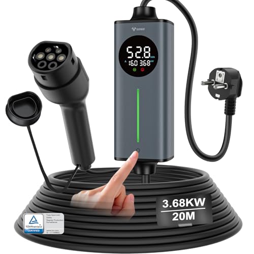 GONEO Chargeur Voiture Électrique 16a 3,68kW Schuko Type 2 20M | Capteur Température et Terre détection,CA 30mA + CC 6mA Protection | Temps et Courant...