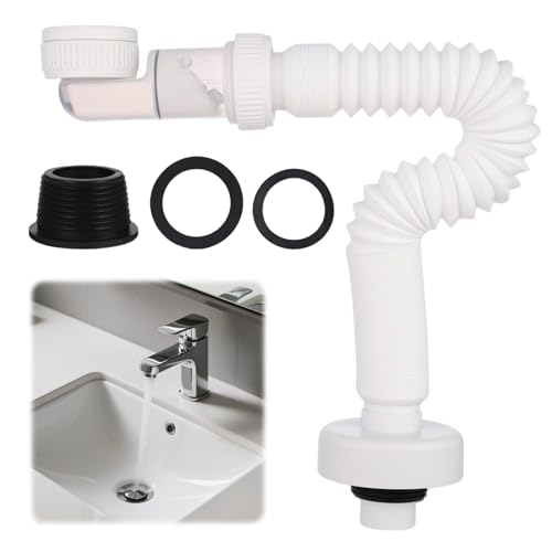 XSHAO® Siphon Lavabo Flexible Evacuation Evier 1 1/4, Tuyau Syphon Evier Réglable à 360 ° Siphon Gain de Place avec Serrure d'Odeur pour Lavabo Extensible 380-930 mm