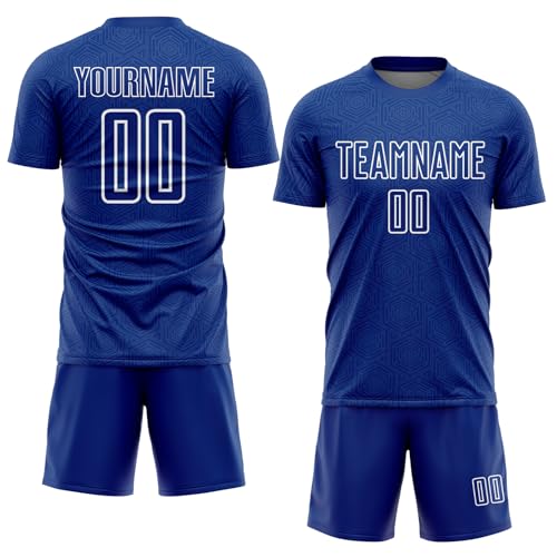 Customized Hexagons Design Soccer Jersey Sets T-Shirts and Shorts Personalized Royal Blue Football Jerseys with Name Number Printed, Make Sports Team Uniform for Youth Boys Girls Men Women Teens