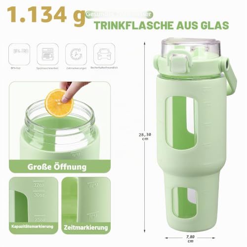 BLUEGO 1,2 l Glas-Wasserflaschen mit Strohhalm und Zeitmarkierung, Glasbecher mit Henkel und Deckel, leicht zu reinigen… – Ansicht 2