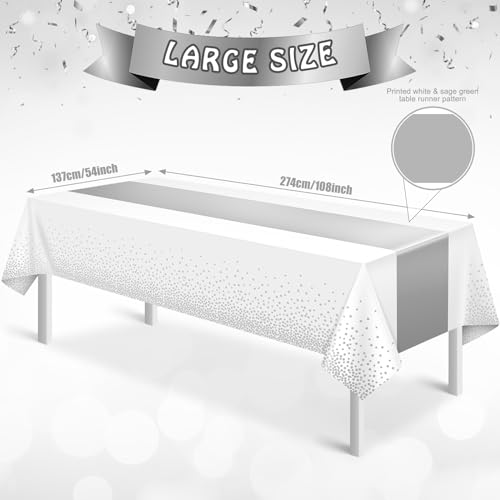 Image of 3Pcs White and Silver Tablecloth Party Decorations,Plastic White Table Cloth Printed Silver Runner Disposable Rectangle Table Cover for Birthday Wedding Anniversary Graduation Party,54 x108 Inch