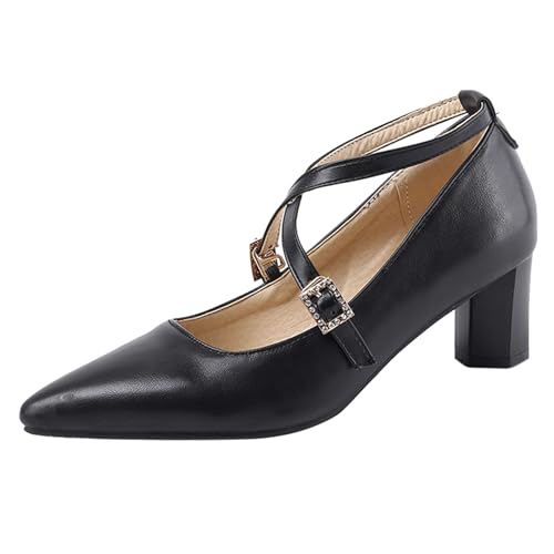 Klarmar Women Buckle Mid Block Heel Office Court Shoes Strappy Elegant Mid Heels Formal Shoes Black Size 10 US/43/26.5CM