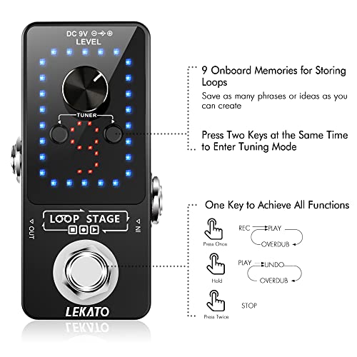 Image of LEKATO Looper Guitar Pedal Guitar Loop Pedal Tuner Pedal 9 Loops 40 Minutes Record Time Unlimited Overdubs for Electric Guitar Bass (Black)