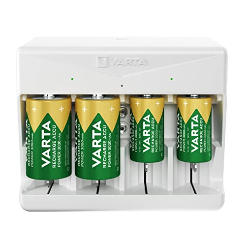 VARTA Akku Ladegerät, Batterieladegerät für wiederaufladbare Batterien, lädt 2 oder 4 AA, AAA, C, D oder 1x 9V gleichzeitig, Universal Charger, mit Sicherheitsabschaltung, unbestückt
