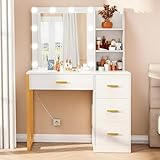 FIONESO Makeup Vanity Desk with Mirror & Lights, 4 Drawers & Charging Station, Vanity Table with Open Storage Shelves, 3 Color Modes, Dressing Table for Bedroom, White