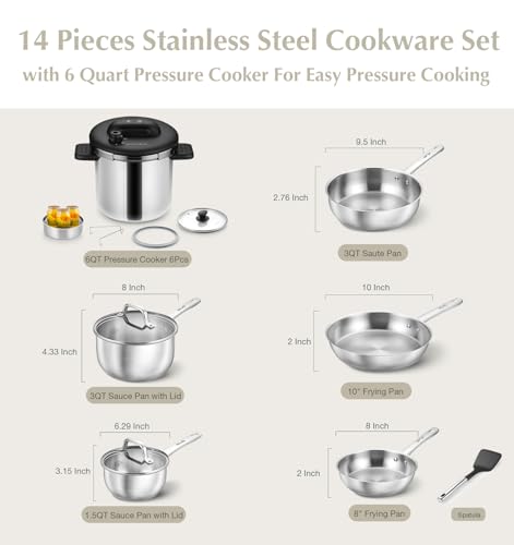 Image of KOCH SYSTEME CS 14 Piece Stainless Steel Cookware Set with Pressure Cooker, Stainless Steel Pressure Cooker with Pots and Pans Set, 18 /10 Stainless Steel Cookware Set, Induction Ready
