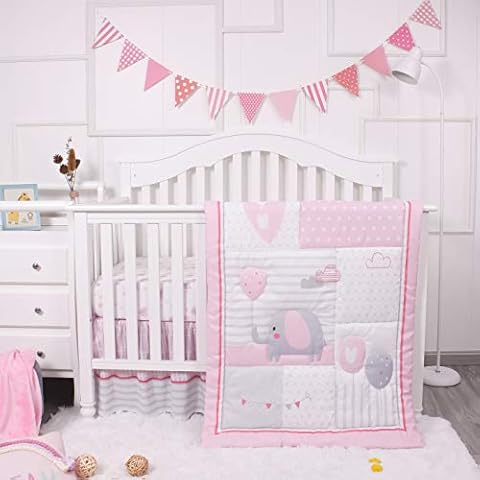 La Premura Baby Crib Bedding Set for Girls, Pink Elephant & Love Balloons 3 Piece Standard Size Nursery Crib Set for Baby Girls, Pink & Grey Cover