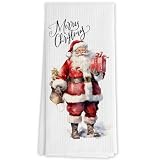 DNEULYR Merry Christmas Santa Kitchen Towels, Vintage Winter Xmas Santa Claus Decorative Hand Towels for Bathroom, Holiday Christmas Dish Tea Towels for Kitchen Decor, 16x24 Inch