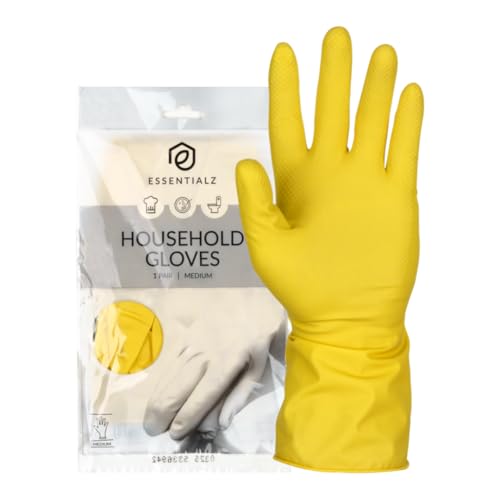 Essentialz Yellow Latex Household Gloves Medium 1 Pair Reusable Powder-Free Flocklined Dishwashing Gloves with Rolled Cuff Durable Kitchen Laundry & Everyday Cleaning Gloves