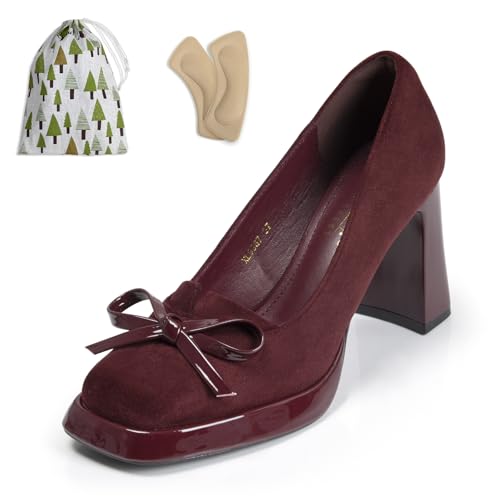 Women's Suede Platform Pumps with Bow Square Closed Toe Chunky Block High Heels for Women 3.5 Inch Ladies Slip On Comfortable Dressy Shoes
