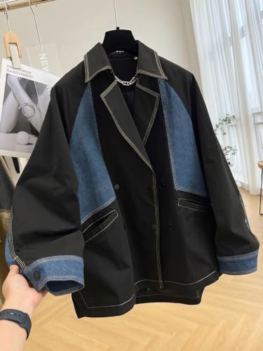 ebossy Womens Oversized Patchwork Denim Blazer Notch Lapel Button Down Distressed Boyfriend Jean Jacket3
