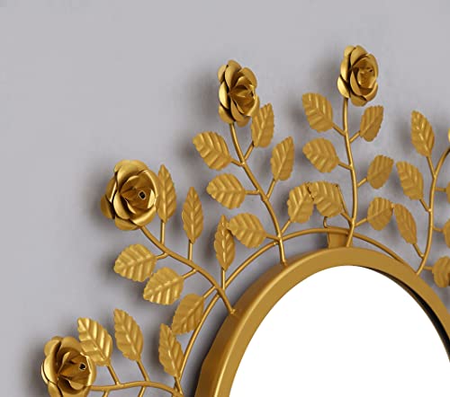 Image of Artemade Iron Framed Rose Stems and Leaves Design Decorative Wall Mounted Round Mirror Modern Hanging Mirror for Living Room, Bedroom (Golden, 60 Cm)