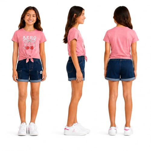 Image of AEROPOSTALE Girls Shorts Set - 2 Piece Soft Short Sleeve Graphic Tees and Twill or Denim Shorts Summer Outfits for Girls