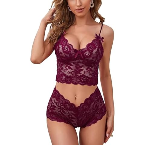 Lilosy Sexy Women Floral Lace Pajamas Lingerie Set High Waist Sheer Sleepwear See Through Nightwear Bow Ties Cami Shorts Bra and Panty 2 Piece Wine Red Medium Cover