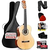 Pyle Beginner Acoustic Guitar Kit, 1/2 Junior Size All Wood Instrument with Full Accessory Kit, Picks, Shoulder Strap, Carry Case, Cleaning Cloth, Tuner App, 2 Month Lessons, 34” (Natural Gloss)
