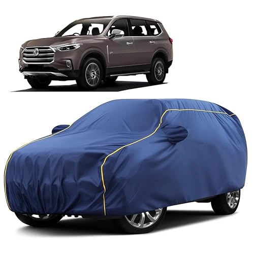 Image of Sulfar 100% Water Resistant Car Body Cover Compatible with Mirror for MG Gloster (Triple Stitched, Full Bottom Elastic, Blue Taffeta with Yellow Piping)