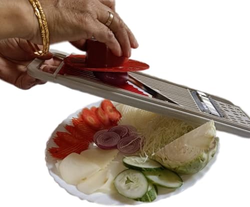 Image of Multipurpose Vegetable Slicer, Chopper & Chips Maker | Manual Food Cutter | Kitchen Tool for Fruits & Vegetables | Durable Plastic & Stainless Steel Blades