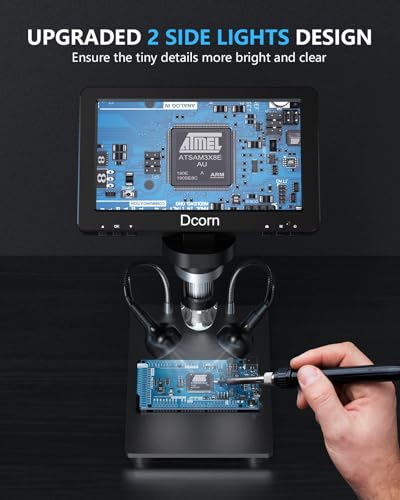 Image of 7'' Digital Microscope 1200X, 12MP 1080P Photo /Video Microscope for Adults Soldering Coins,Metal Stand,Wired Remote,10 LED Fill Lights,PC View,Windows /Mac - Black