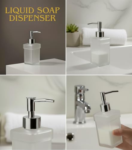Image of Luxury Frosted Glass Soap Dispenser with Chrome Pump | Square Modern Design | Refillable Hand Lotion & Liquid Soap for Bathroom & Kitchen Countertop
