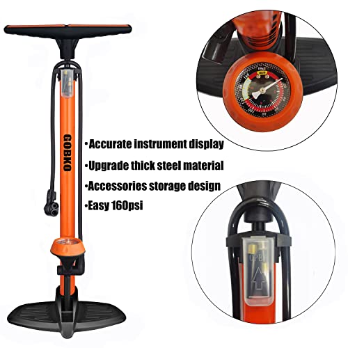 GOBKO Bike Pump with Gauge,Bicycle Floor Pump for Presta and Schrader Valves Bike Tire Pumps Inflator High Pressure 160PSI & 11BAR Portable Air Pump for Road Bike Car MTB Sports Balls by GOBKO - Used condition - Image 4