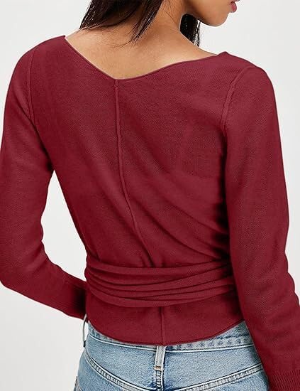 Womens Wool Tie Front Tops Crop Top Solid Long Sleeve Solid V-Neck Lightweight Crochet Cardigan Crop - Image 3