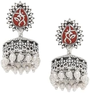 VOYLLA Brass Moksha Metal Embellishments Style Jhumki Earrings for Women and Girls, Silver