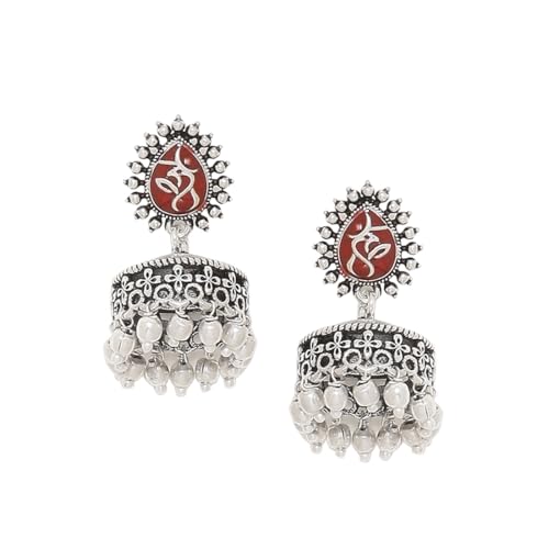 VOYLLA Brass Moksha Metal Embellishments Style Jhumki Earrings for Women and Girls, Silver