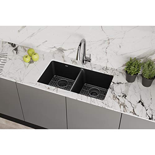 Elkay Quartz Classic Elgu3322Bk0C 33" X 18-1/2" X 9-1/2", Equal Double Bowl Undermount Sink Kit, Black #TOP3