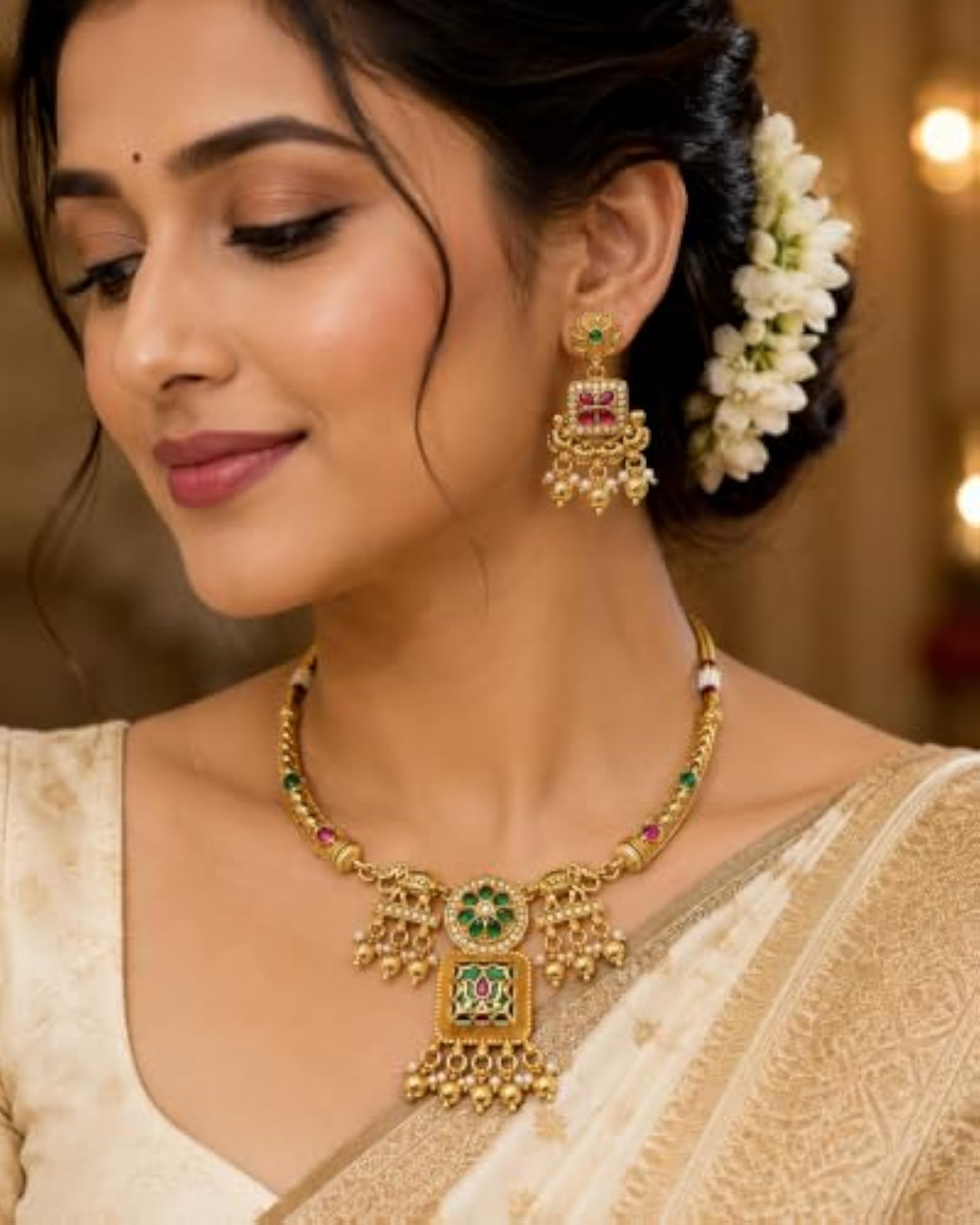 Women's Heerangan Traditional Ethnic Necklace Set with Earrings