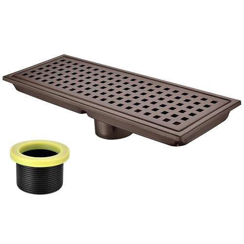 Orhemus 12 inch Stainless Steel Linear Shower Floor Drain with Threaded Adapter, Removable Cover Grid Grate, Rectangle, Brushed Bronze Finished Antique Copper