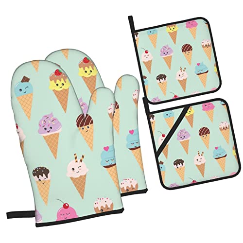 4Pcs Oven Mitts And Pot Holders Sets,Ice Cream Cones,Kitchen Oven Glove High Heat Resistant 500 Degree Oven Mitts And Pot Holder,Surface Safe For Baking,Cooking,Bbq #TOP1