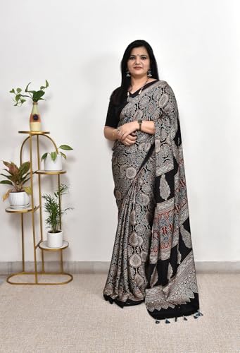 Image of SATIKA VASTRAM Modal Silk Ajrakh Saree Bandhani Design Crepe Printed Designer Pallu Attach Blouse Piece