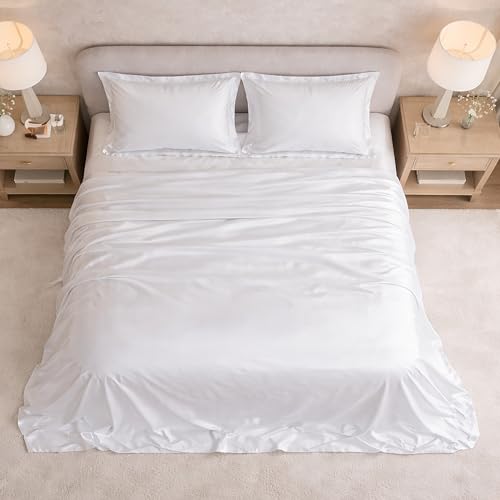 Image of Filbert Satin Bedsheet with 1 Pillow Cover | 60x90 in |300 TC | Midnight Luxe Satin Dreams Collection for Single Bed | UltraSatin Premium Bedding Set | White
