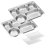 Rylae 2 Stück 304 Edelstahl Geteilte Teller Tablett, Rechteckige 5 Fächern Abendessen Teller, Edelstahl Servierplatte Kontrollteller mit Kunststoffdeckel, Geteiltes Tablett Lunchboxen, für Alltag