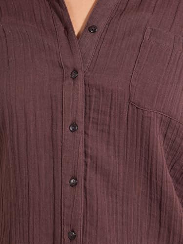 Image of Styli Women's Brown Regular Fit Roll-Up Sleeve Textured Button-Down Shirt | Cotton Casual Top with Spread Collar & Button Closure | Perfect for Versatile Casual Wear