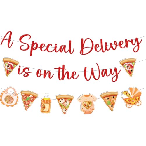 Musaeva Slice Slice Baby Decorations - 3 Pcs A Special Delivery is on the Way Banners, Special Delivery Pizza Baby Shower Decorations Gender Reveal Party Decor Supplies