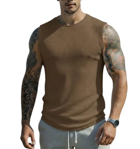 Image of Men's Sleeveless Waffle Tank Top Vest Round Neck for Sports Gym Workout Fitness Wear