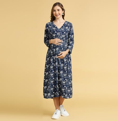 Image of MomToBe Women's Fit and Flare Calf Length Rayon Maternity Dress /Pregnancy Dress /Easy Breastfeeding Dress /Western Dress with Zippers for Nursing Pre and Post Pregnancy