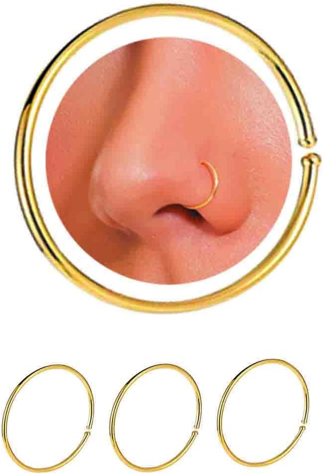 14K Gold Nose Ring Hoop for Women, Thin Nose Piercing jewelry (Gold, 3pcs- 8mm 22 gauge)