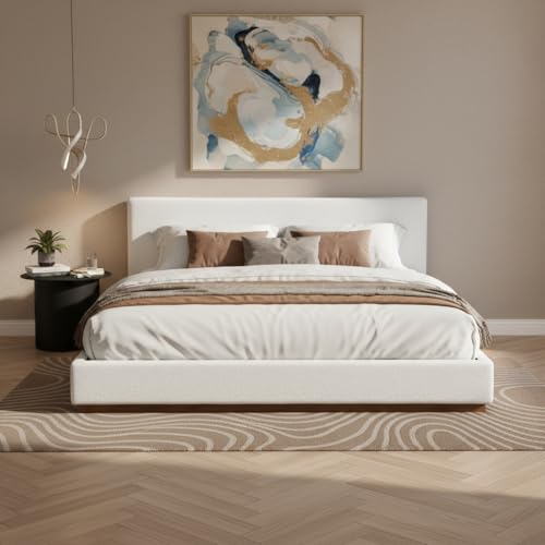Image of Merax Queen Size Boucle Upholstered Bed Frame with Thick Headboard, Modern White Upholstery Platform Bed for Bedroom, Apartment, Solid Wooden Slats Support, No Box Spring Needed, Low Profile Design