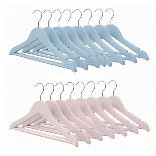 Image of Amazon Basics Wooden Hangers for Kids - Glossy Finish, Chrome Hook, Pant Bar, 2kg Load Capacity, Pack of 10 Blue & 10 Pink, Pack of 20 (Size: 32L x 20H x 1.2W cm)