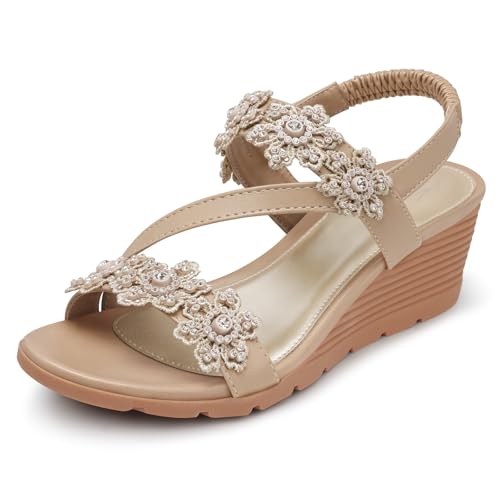 Image of SHIBEVER Wedge Sandals for Women Dressy: Summer Open Toe Low Platform Wedges Sandals Elastic Ankle Strap Flower Comfortable Casual Shoes