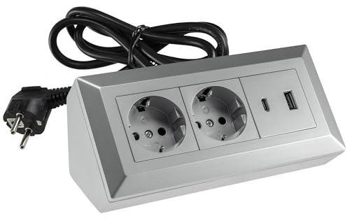 ChiliTec Bloque de enchufes esquineros de 2 enchufes con protección de contacto USB-A USB-C PD con cable de 1,5 m, enchufe múltiple para cocina, oficina, taller, color plateado y gris