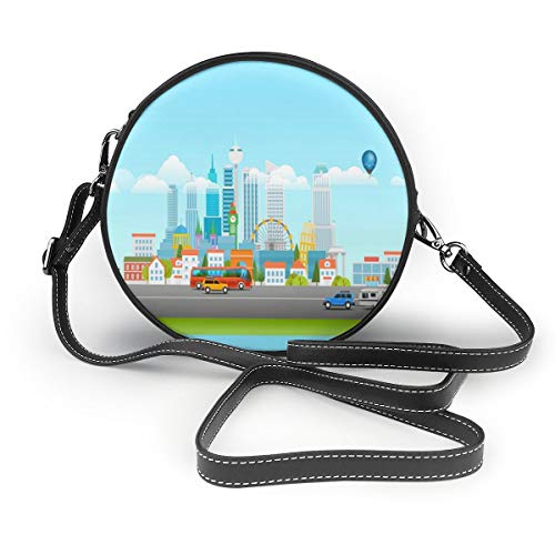 Preisvergleich Produktbild Wrution Auto Heißluftballon Riesenrad City Landscape Personalisierte Runde Umhängetasche mit Reißverschluss weiches Leder Kreis Geldbörse für Damen